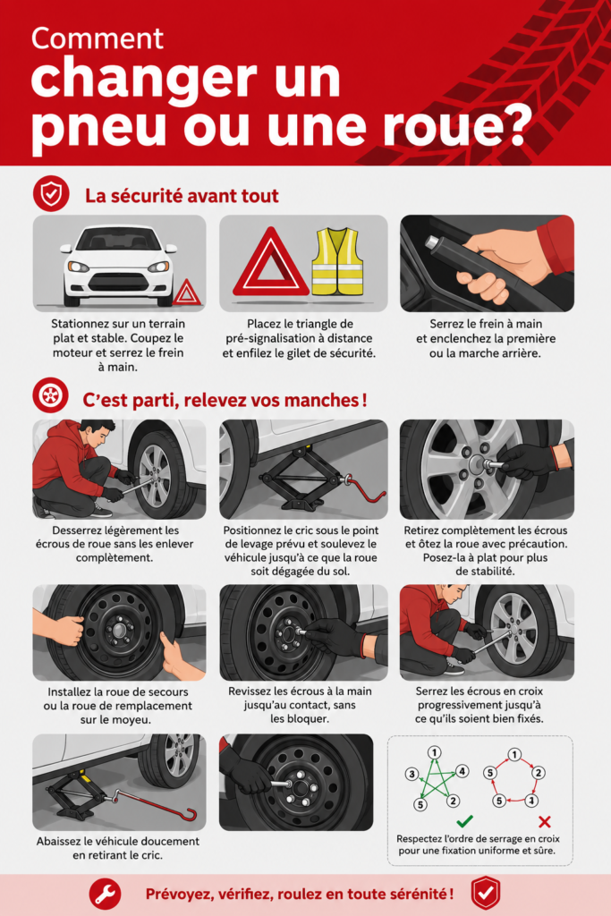 Femme changeant un pneu au bord de la route
