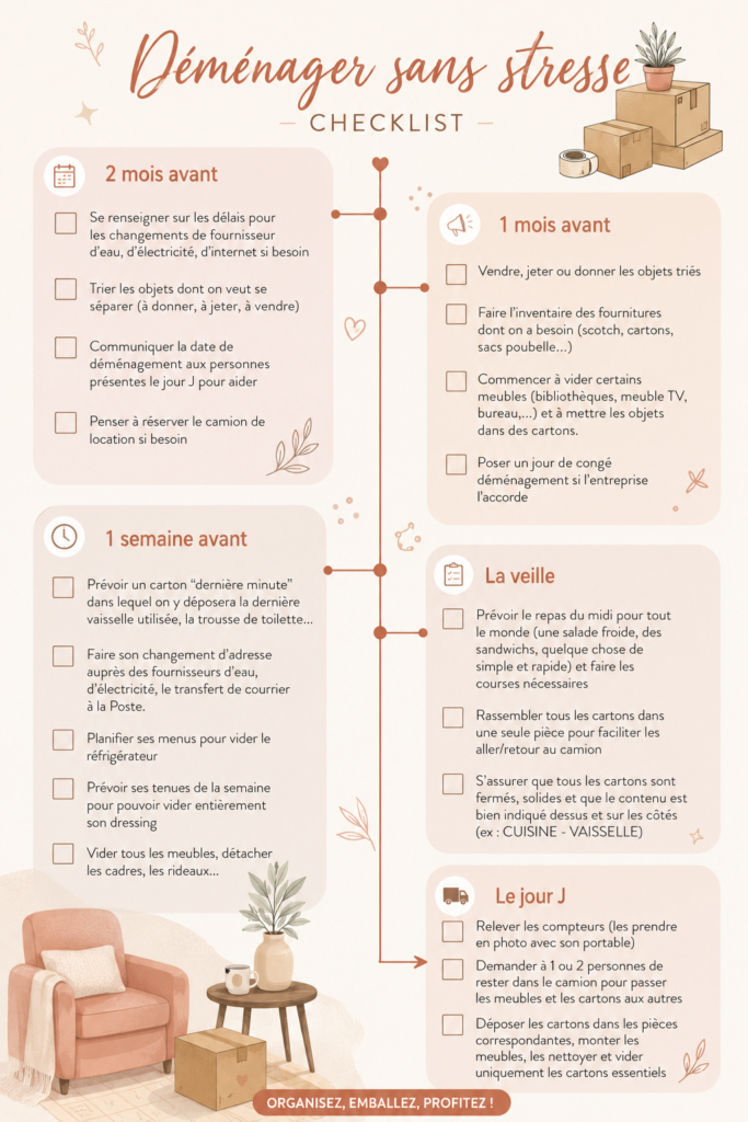 Checklist déménagement sur une table en bois avec des fournitures de rangement