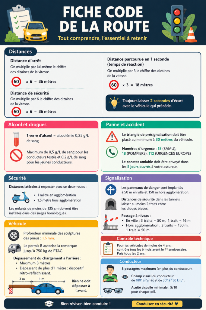 Fiches de révision du code de la route sur une table, avec des couleurs vives pour attirer l'attention.