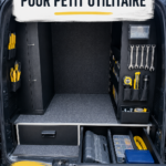 Aménagement pratique d'un fourgon avec des solutions de rangement intelligentes.