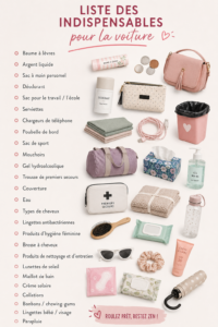 Une voiture bien équipée avec ses essentiels à l'intérieur, prête pour un trajet.