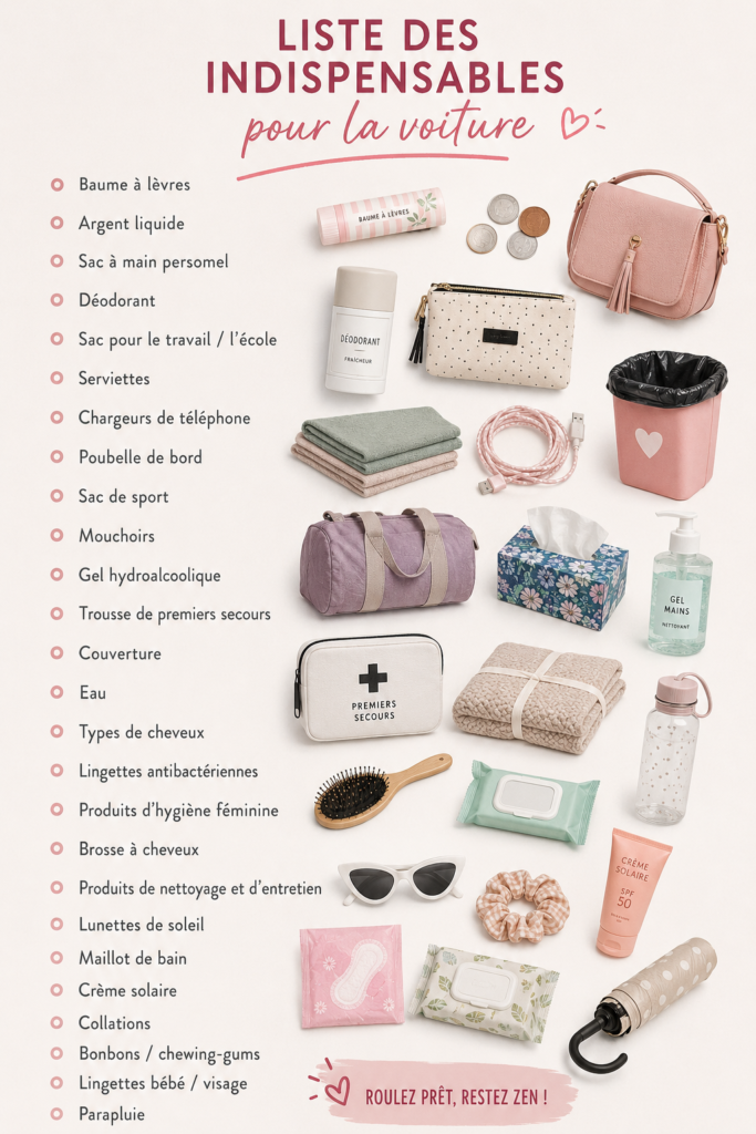 Une voiture bien équipée avec ses essentiels à l'intérieur, prête pour un trajet.