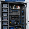 Camion de travail bien organisé avec des outils et des aménagements pratiques.
