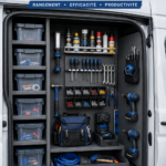 Camion de travail bien organisé avec des outils et des aménagements pratiques.