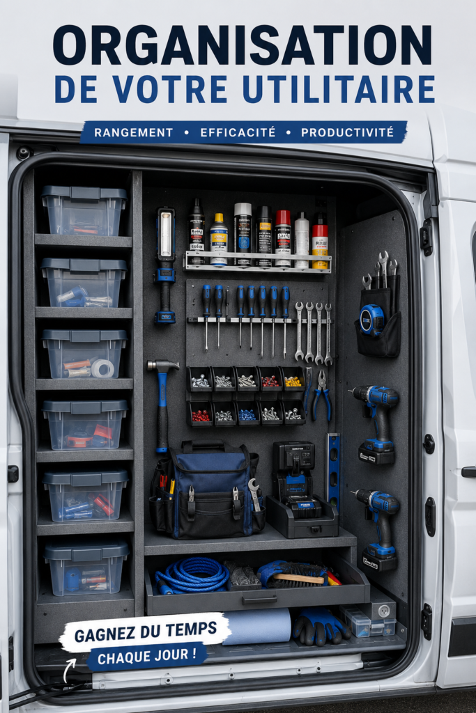 Camion de travail bien organisé avec des outils et des aménagements pratiques.