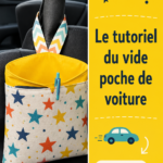Un joli vide-poche de voiture en tissu coloré sur un siège en cuir.