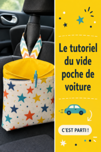 Un joli vide-poche de voiture en tissu coloré sur un siège en cuir.