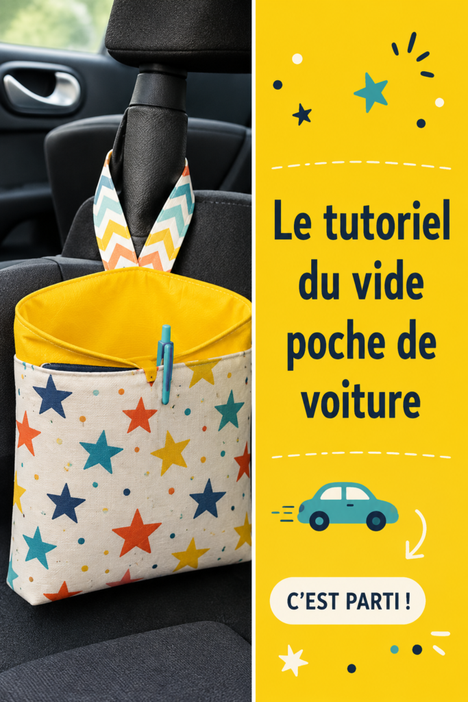 Un joli vide-poche de voiture en tissu coloré sur un siège en cuir.