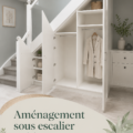 Aperçu d'un espace sous escalier aménagé avec des étagères et un coin lecture