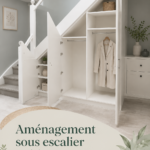 Aperçu d'un espace sous escalier aménagé avec des étagères et un coin lecture