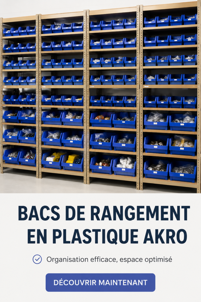 Bacs de rangement AkroBins colorés sur une étagère dans un salon moderne.