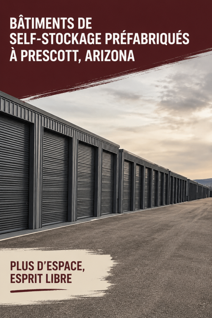Bâtiment de stockage préfabriqué à Prescott en plein soleil, offrant une solution pratique pour le rangement.