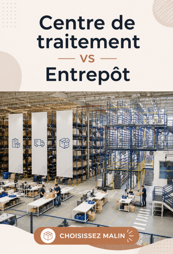 Illustration d'un centre de fulfillment avec des employés en action, mettant en avant la logistique moderne.