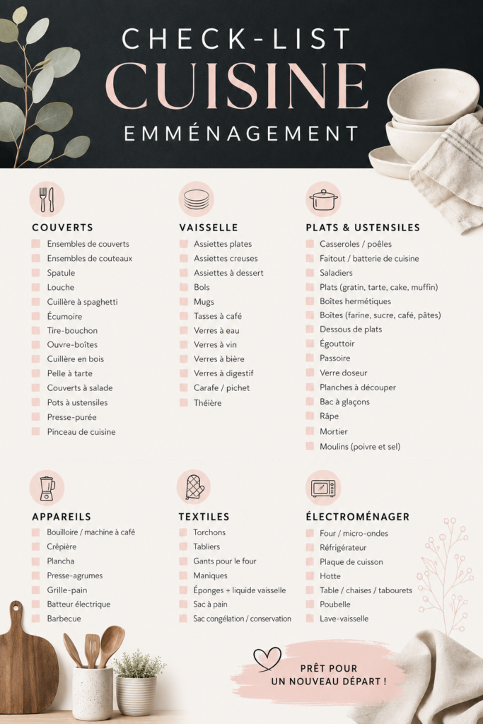 Check-list pour une cuisine pratique après un emménagement, avec éléments et conseils.