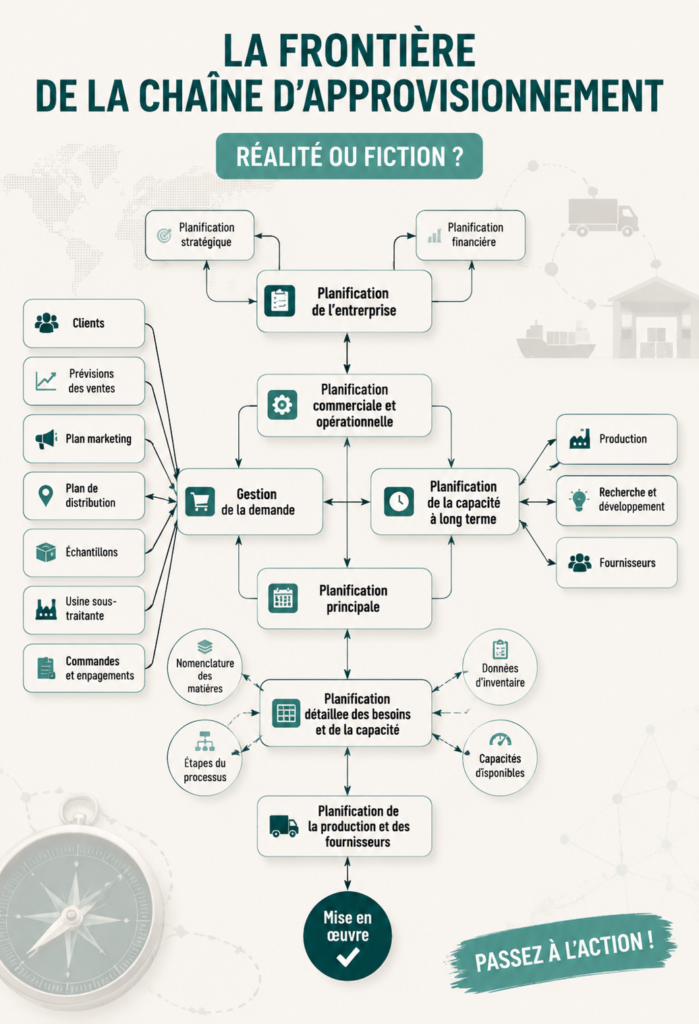 Une illustration de la chaîne d'approvisionnement moderne, représentant les flux de produits et informations.