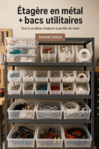 Espace de rangement élégant avec étagères en métal et bacs utilitaires