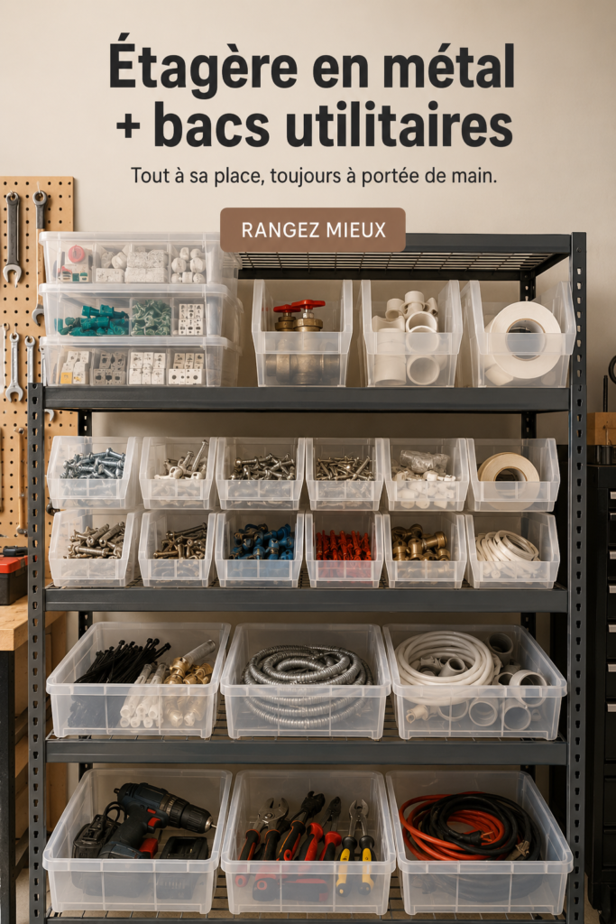 Espace de rangement élégant avec étagères en métal et bacs utilitaires