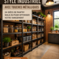 Garde-manger industriel avec accents métalliques, idéal pour maximiser le rangement.