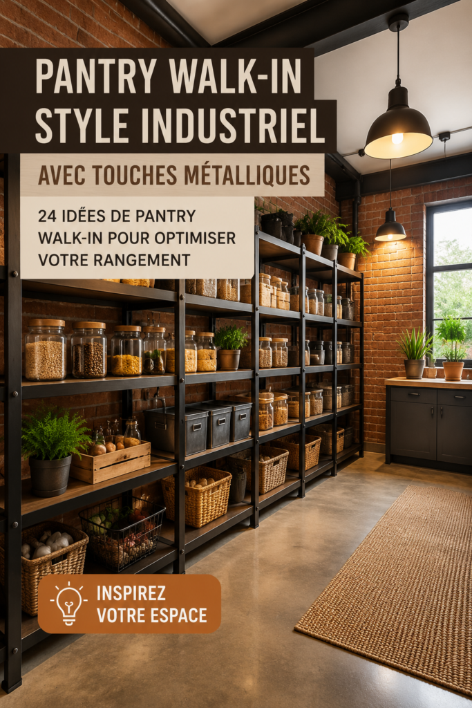 Garde-manger industriel avec accents métalliques, idéal pour maximiser le rangement.
