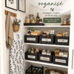 Garde-manger organisé sous un escalier avec des étagères en bois et des contenants pratiques.
