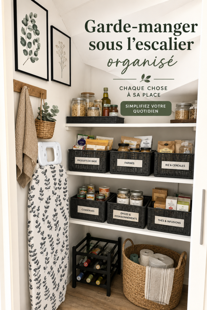 Garde-manger organisé sous un escalier avec des étagères en bois et des contenants pratiques.