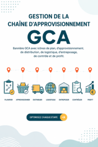 Illustration représentant la gestion de la chaîne d'approvisionnement avec des icônes de logistique et de contrôle.