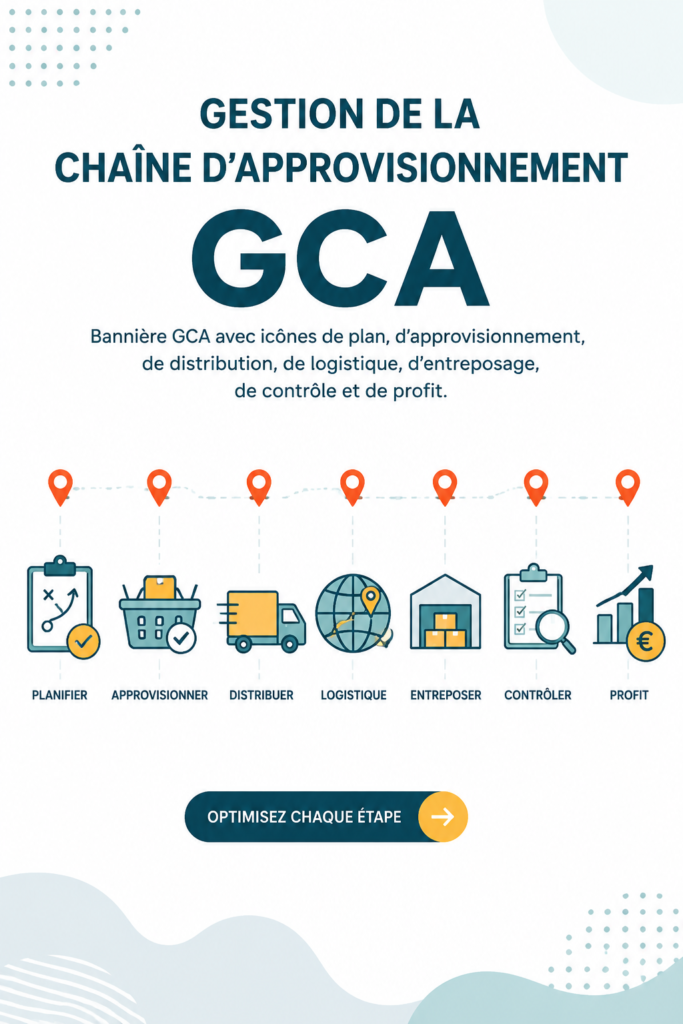 Illustration représentant la gestion de la chaîne d'approvisionnement avec des icônes de logistique et de contrôle.