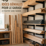 Un garage bien organisé avec des étagères et un espace de travail lumineux.