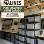 Garage bien organisé avec des étagères et des rangements pratiques.