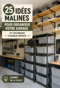 Garage bien organisé avec des étagères et des rangements pratiques.