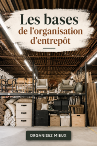 Un entrepôt bien organisé avec des étagères et des bacs de rangement.