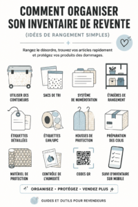 Rangement pratique et organisé de produits pour la revente dans un espace de travail lumineux.