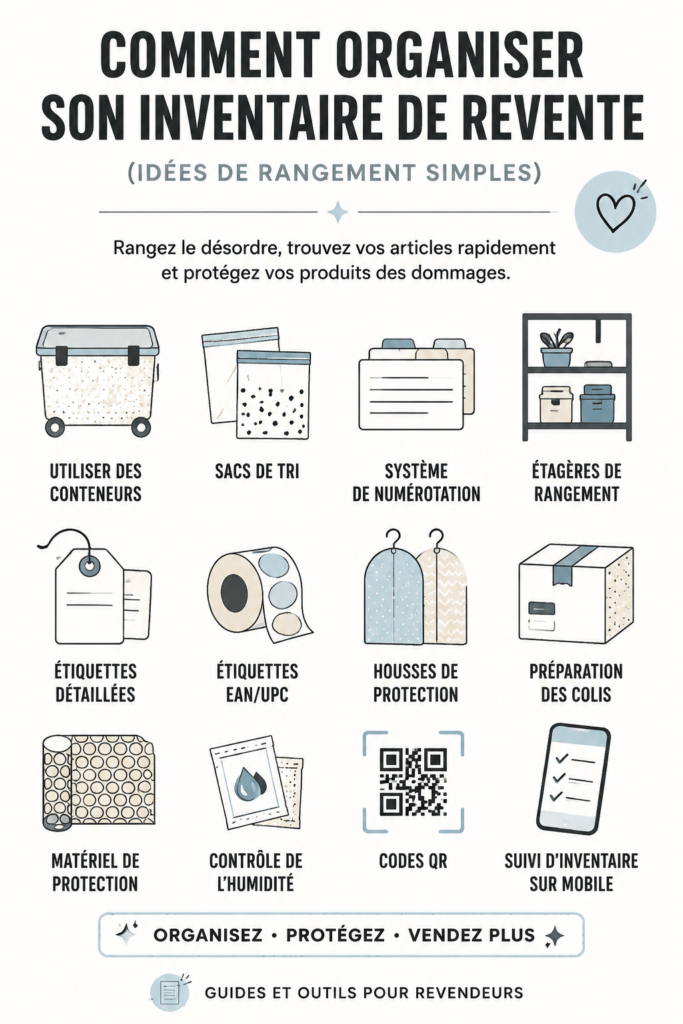 Rangement pratique et organisé de produits pour la revente dans un espace de travail lumineux.