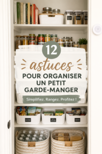 Garde-manger organisé avec des étagères bien remplies et des bocaux étiquetés