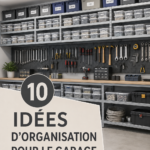 Garage bien organisé avec des étagères et des outils rangés.
