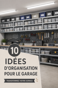 Garage bien organisé avec des étagères et des outils rangés.