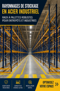 Racks de rangement en acier organisés dans un entrepôt