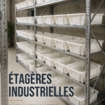 Un rack de rangement en métal dans un garage bien organisé.