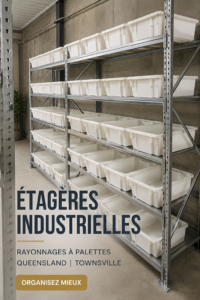 Un rack de rangement en métal dans un garage bien organisé.