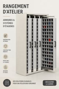Un atelier bien rangé avec des étagères et des cabinets de rangement