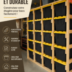 Un garage bien organisé avec des étagères et des bacs de rangement.
