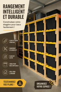 Un garage bien organisé avec des étagères et des bacs de rangement.