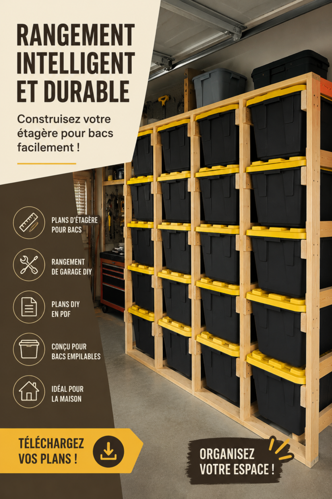 Un garage bien organisé avec des étagères et des bacs de rangement.