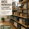 Un sous-sol optimisé avec des étagères et du rangement pratique, montrant des idées de rangement modernes.
