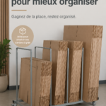 Un espace de travail organisé avec des supports en carton bien disposés.