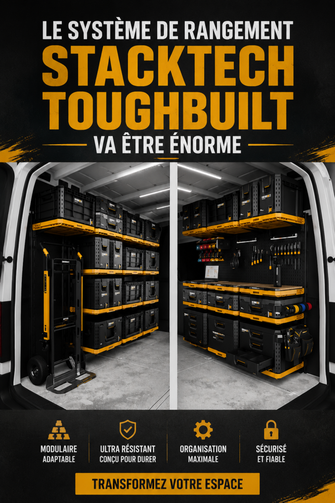 Système de rangement d'outils StackTech en situation sur un chantier, montrant l'organisation efficace des outils.