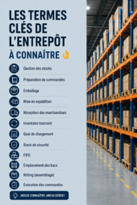 Illustration d'un entrepôt avec des étiquettes de vocabulaire logistique
