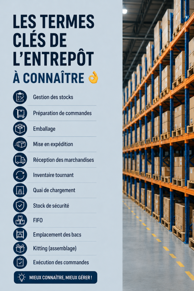 Illustration d'un entrepôt avec des étiquettes de vocabulaire logistique