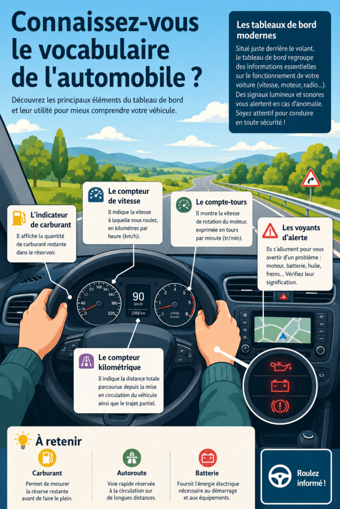 Femme lisant un guide sur le vocabulaire automobile avec une voiture en arrière-plan