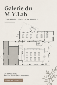 Atelier M.Y.Lab avec des créations en bois sur fond chaleureux